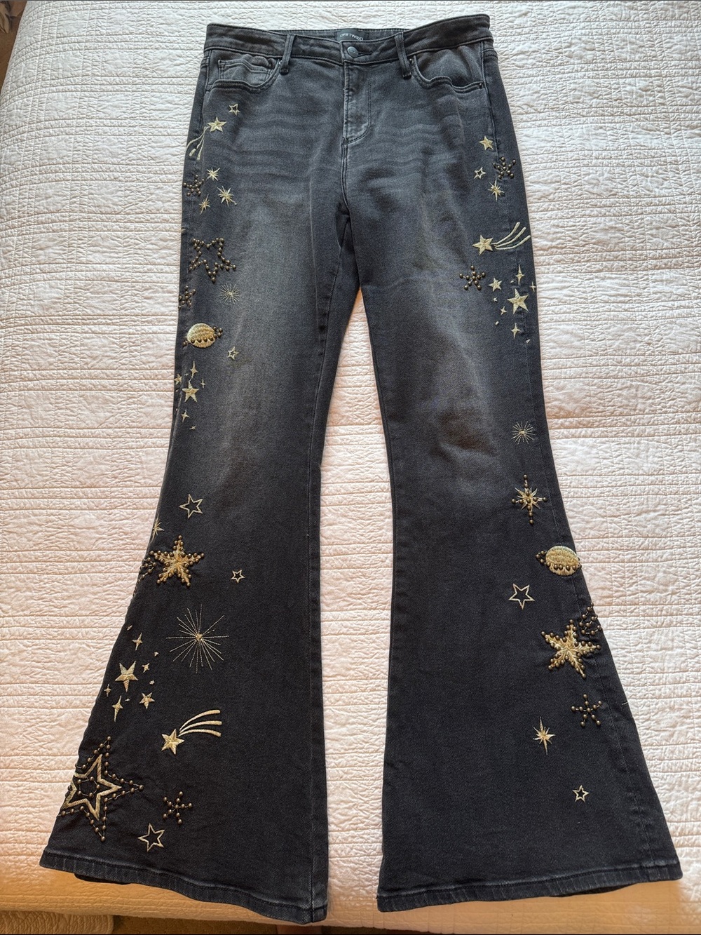 DRIFTWOOD Black Flare Jeans with Gold Celestial Embellishments